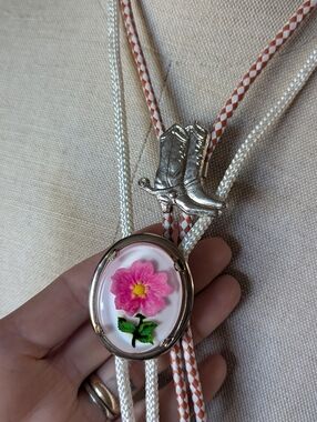 Handcrafted Pink Flower Bolo Tie Silver Cow Girl Rodeo Boho Whimsy
